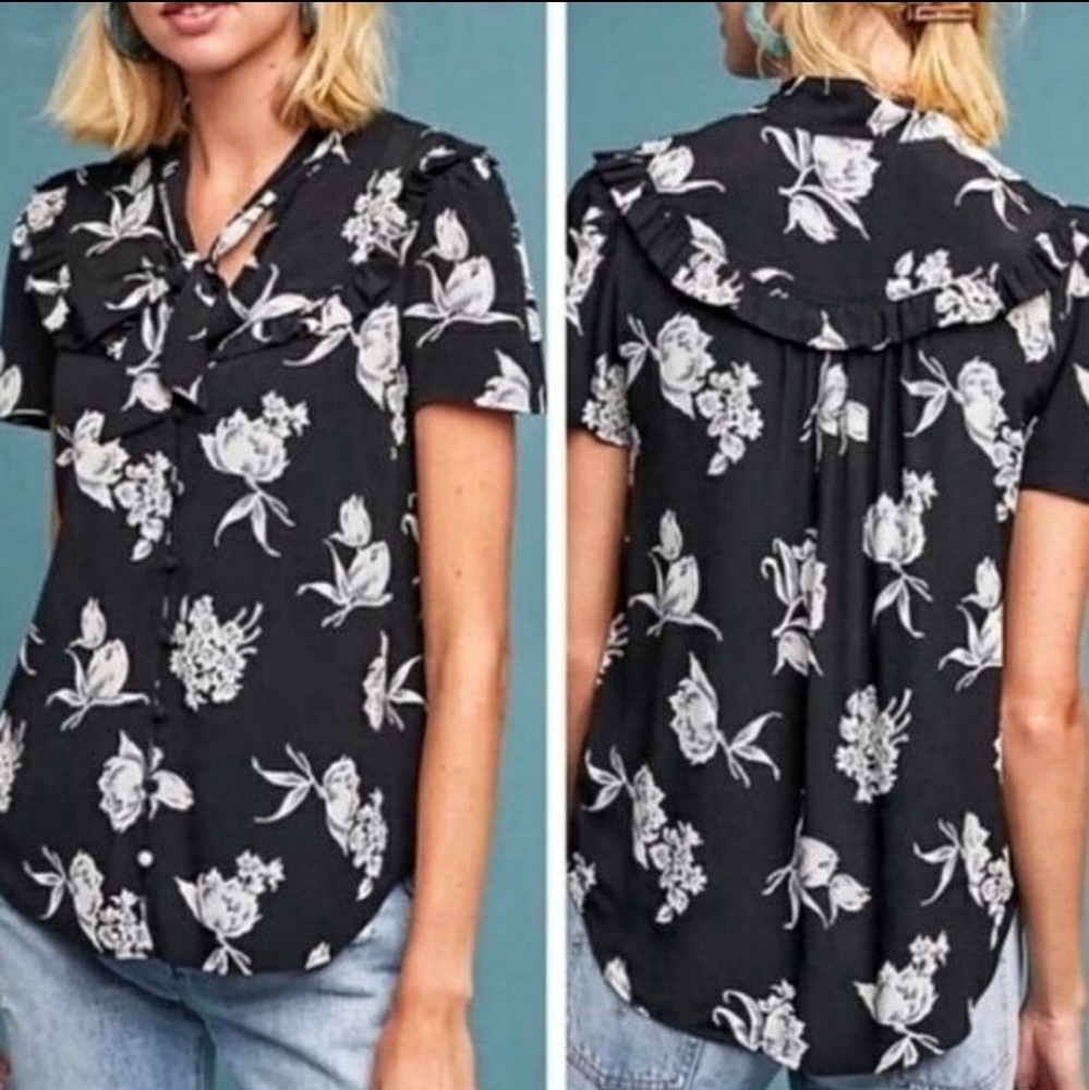 Anthro Maeve Ruffle Floral Tie Neck Blouse XS